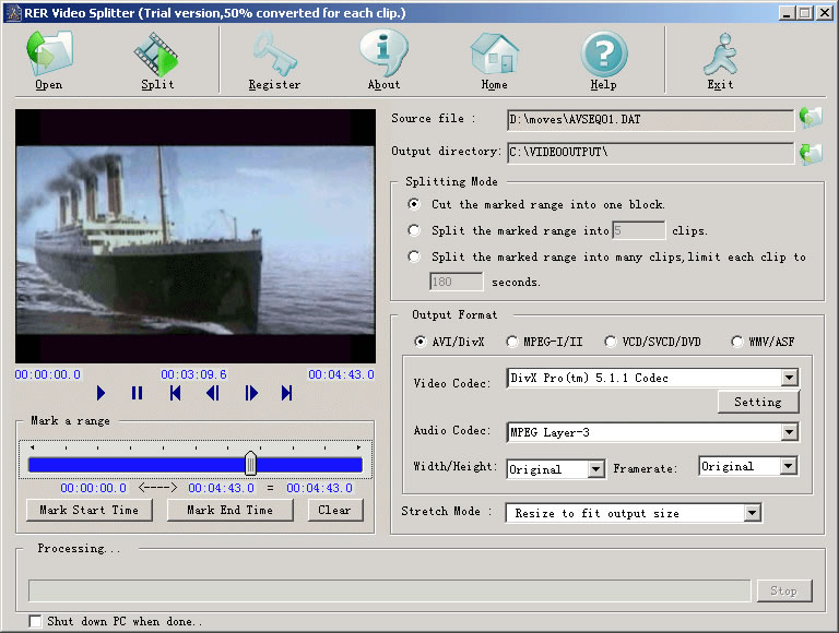 RER AVI/MPEG/DVD/WMV/RM Video Splitter
