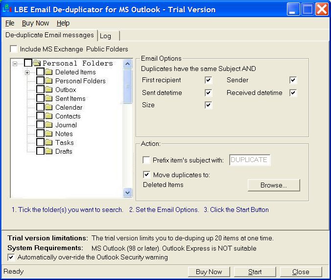 LBE Email Deduplicator or MS Outlook