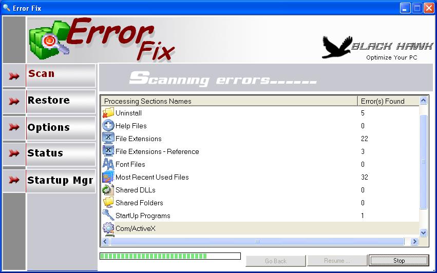 Error Fix Main Window - Blackhawk Software - Error Fix v3.0.0 is an advanced registry cleaner for...