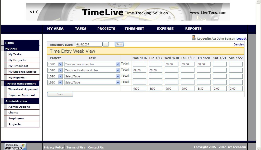 TimeLive web timesheet