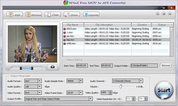 WinX Free MOV TO AVI Video Converter