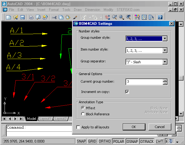 BOM4CAD 2004 - Automatic numbering