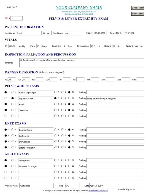 Pelvis & Lower Extremity Exam Form - Sample