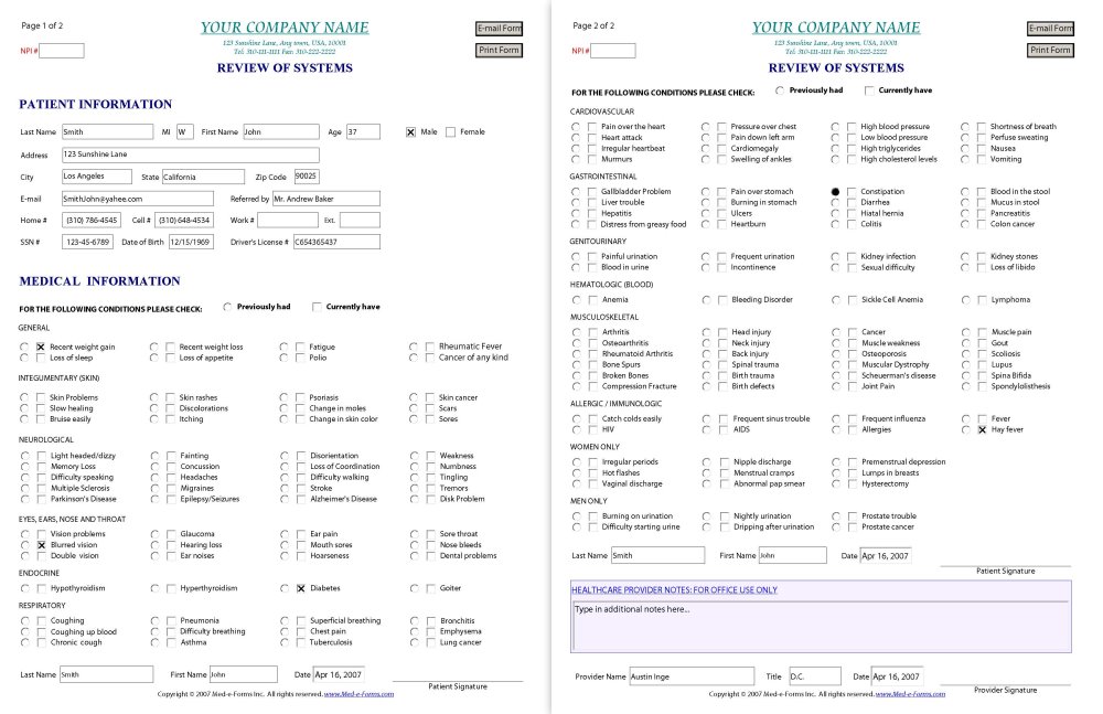 Review of Systems ROS Form - Sample