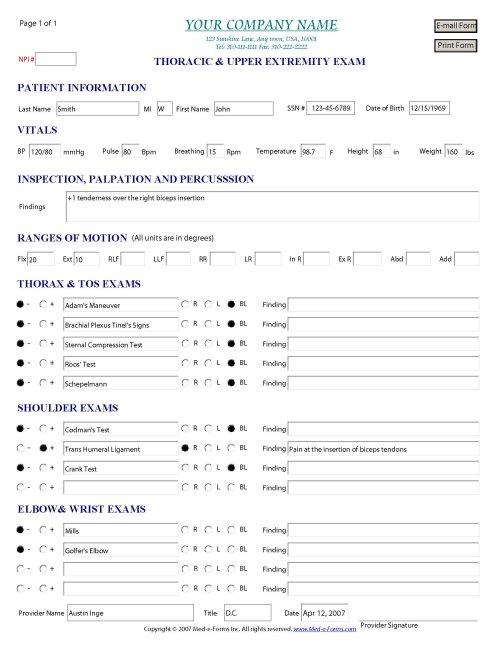 Thoracic & Upper Extremity Exam Form - Sample
