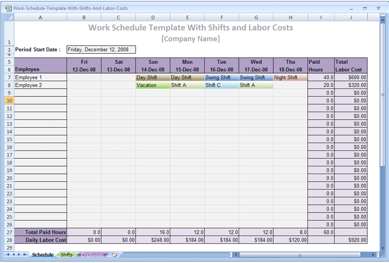 Work Schedule Template With Shifts and Labor Costs